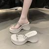 2025 Summer New Fashion Versatile Outer Wear Wedge Heel Thick Bottom Rhinestone Cool Slippers I-shaped Women's Shoes