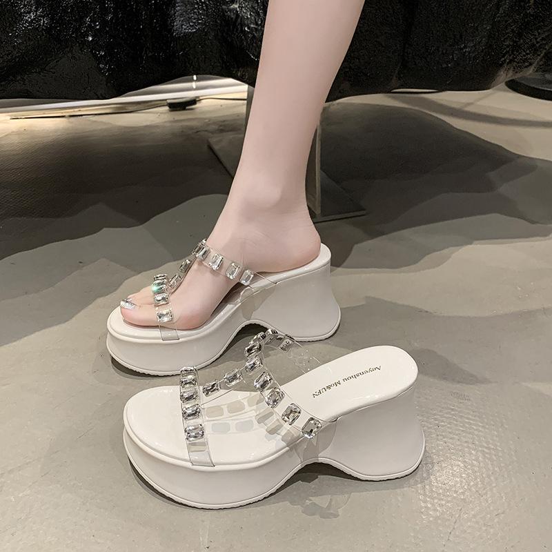 2025 Summer New Fashion Versatile Outer Wear Wedge Heel Thick Bottom Rhinestone Cool Slippers I-shaped Women's Shoes