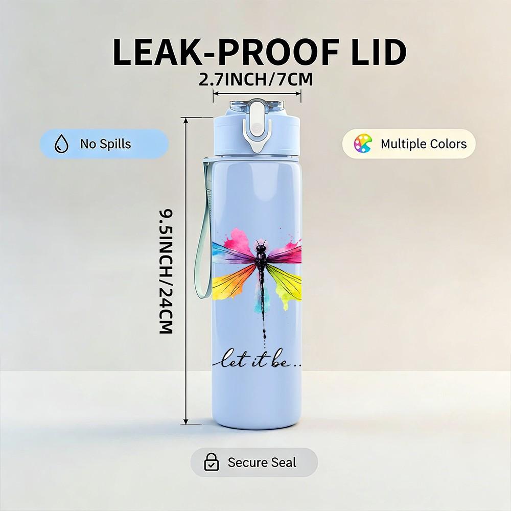 1PC Colorful Dragonfly Minimal Line Print 750ml Color Plastic Sports Water Bottle Leakproof Flip Straw Lid Suitable for Sports Office Home Use