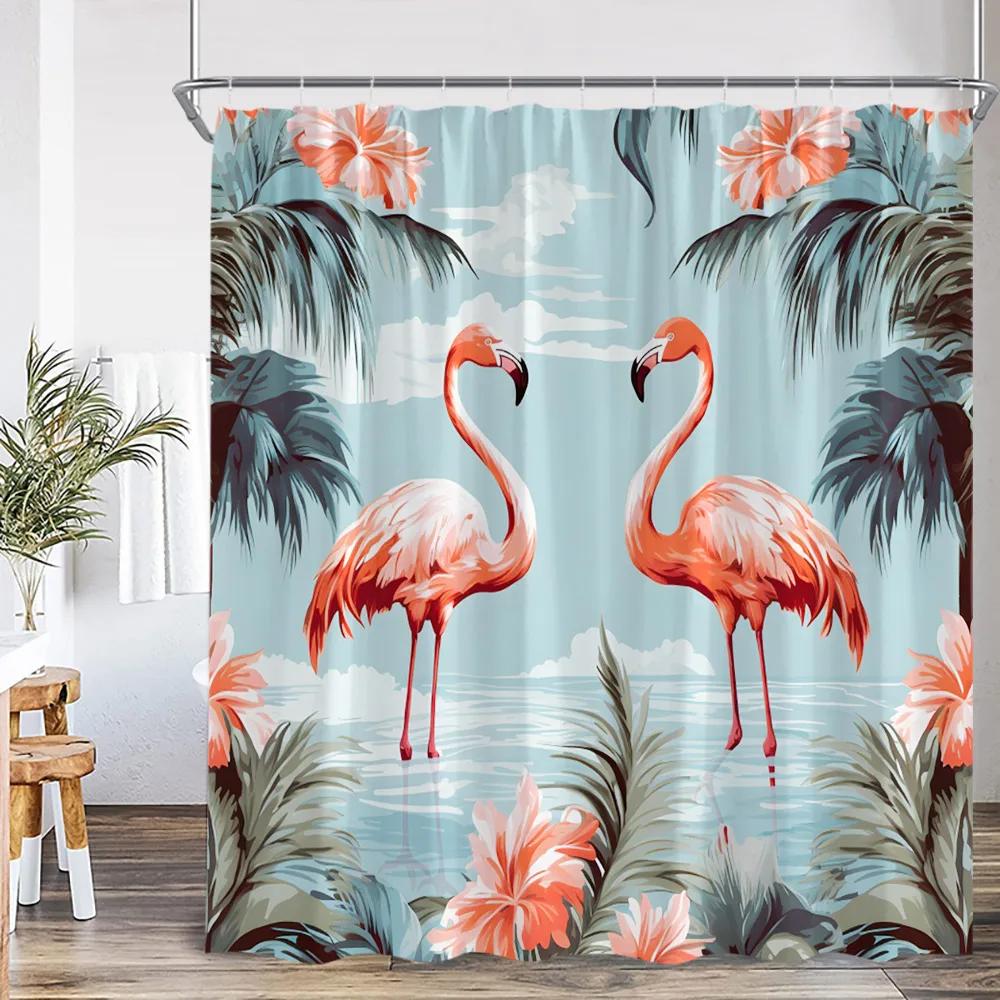 Flamingo Shower Curtain Set Pink Bird Tropical Leaf Rainforest Jungle Bathroom Decor Spring Summer Bath Mat Toilet Lid Cover