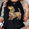 Women's Floral Dachshund Print Round Neck T-Shirt, Spring Summer Short Sleeve Top, Casual Sporty Daily Wear Tee For Adult, Men,