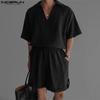 INCERUN Two Piece Suit Men V Neck Short Sleeve Shirts Shorts Casual Outfits Sets