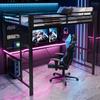 140x200 Gaming Metall Hochbettgestell mit LED-Beleuchtung, USB-Ladestation und Schreibtisch, Schwarz