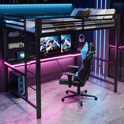 Estructura de Cama Loft Metálica para Gaming 140x200 con Iluminación LED, Estación de Carga USB y Escritorio, Negra