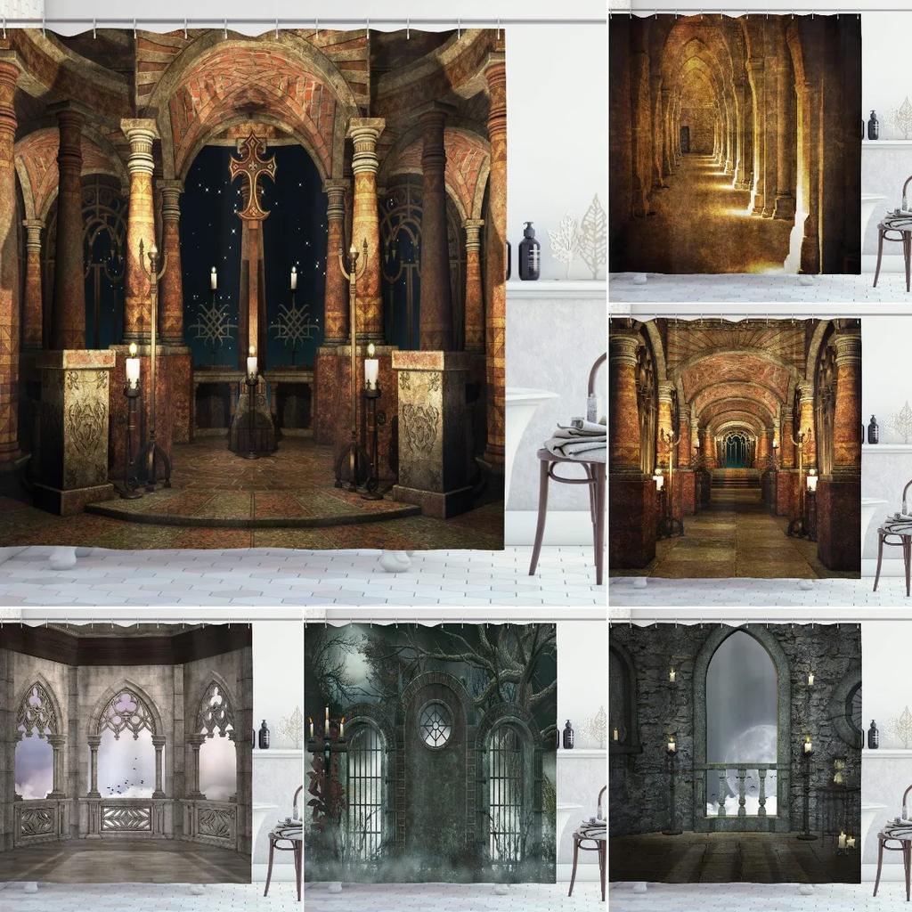 Tenda Doccia Gotica Sala Mistica Oscura con Colonne e Cupola Edificio Santuario Illustrazione Tessuto Stoffa Arredo Bagno con Ganci