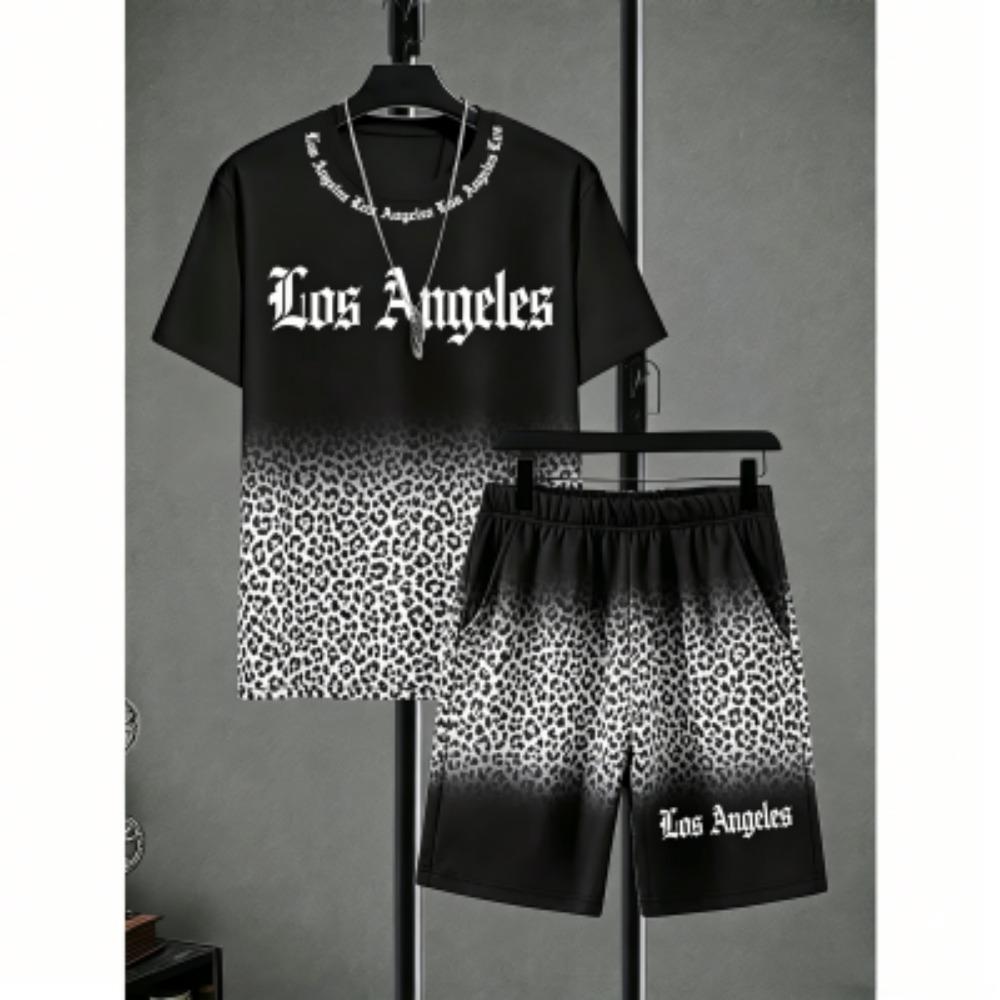 Men's Set Letter Leopard Colorful Printed Men's T-shirt and Shorts 2 Piece Set Summer Casual Outdoor Plus Size Men's and Women's T-shirt Sets