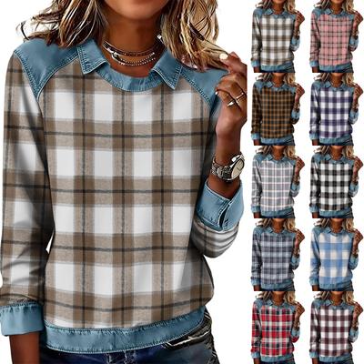 Sudadera de Mezclilla Patchwork de Manga Larga Acampanada Moda Mujer Estampada Casual Pullover