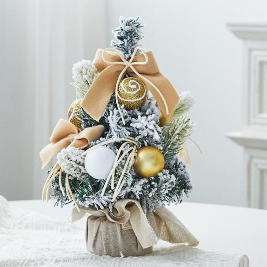 Snowy Mini Christmas Tree Small Tabletop Artificial Flocked Tree with Balls Bow And Cloth Bag Base for Home Office Desk Decor