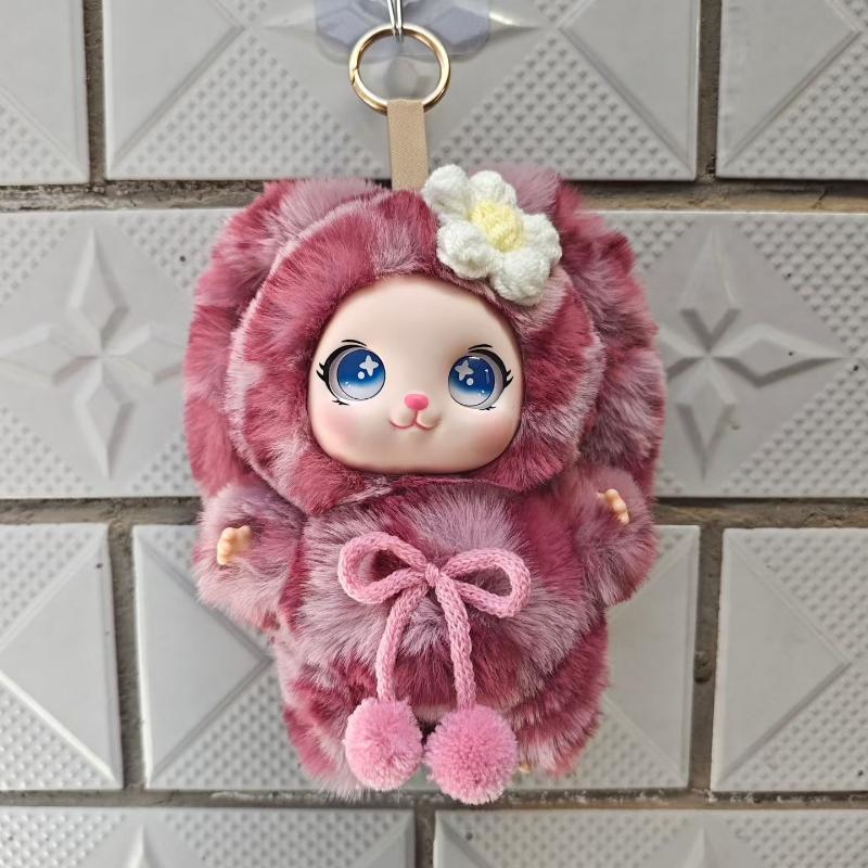 Cute Big Eyes Plush Keychain Soft Fluffy Faux Fur Checkered Bow Doll Pendant for Purse Decoration Girls Gift