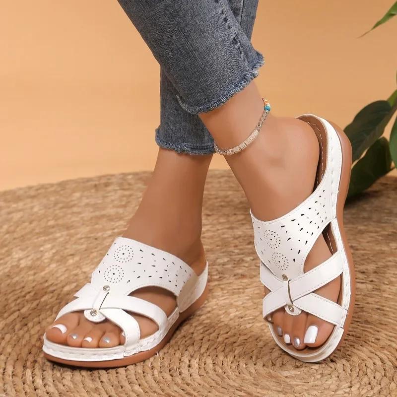 Fashion 2024 Hot Sale Shoes Female Open Toe Women Slippers Summer Rome Hollow Solid Outdoor Casual Beach Wedge Heel Large Size Slippers