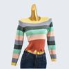 Autumn Crew Neck Rainbow Color-Blocking Soft Glutinous Knitting Sweater Short Long Sleeve Pullover Top Women's Clothing Fashion Inner Wear Outer Wear