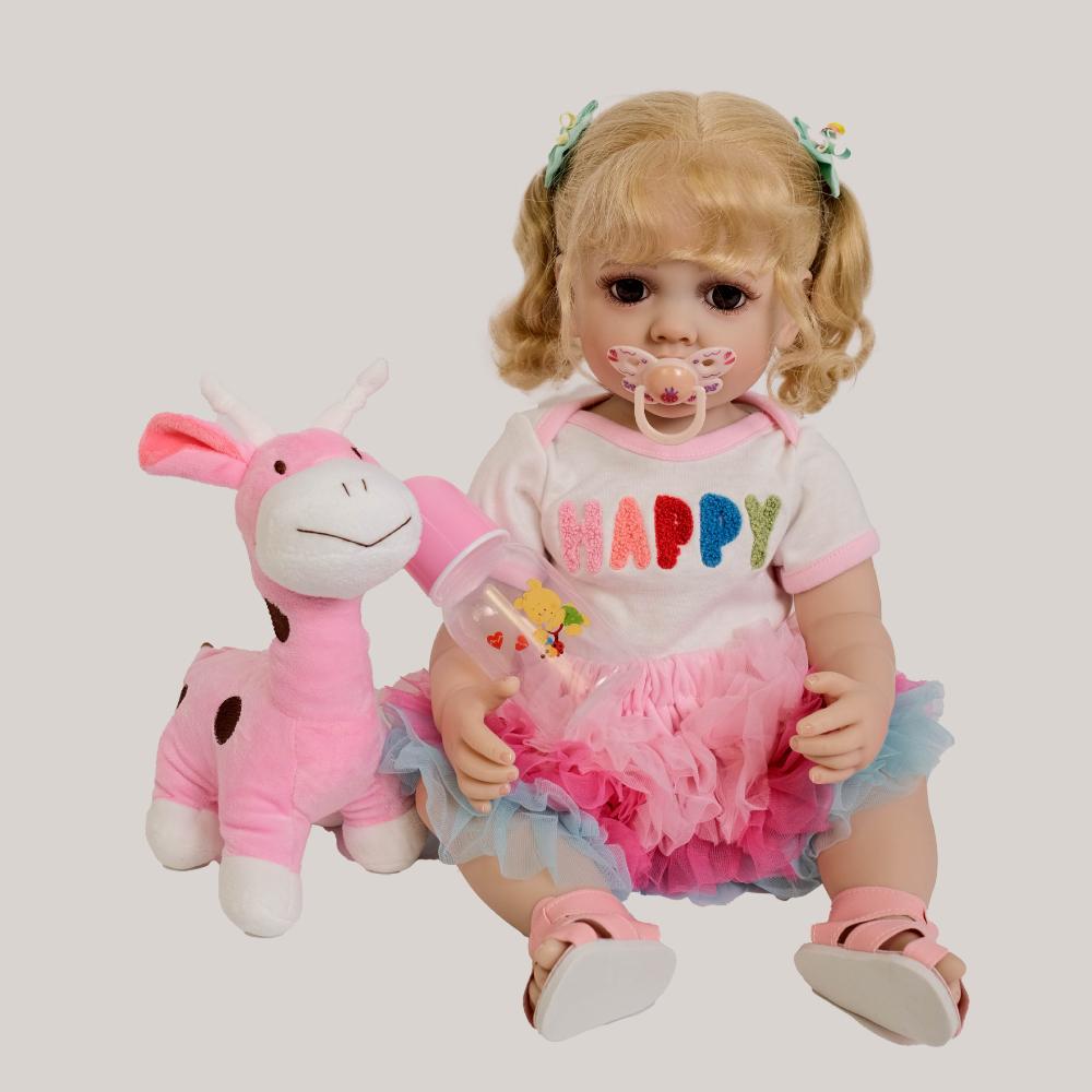 55cm Cute Reborn Dolls Betty Soft Vinyl Full Silicone Body Newborn Babies Doll with Rooted Gold Curly Hair Lifelike Baby Doll Birthday Gifts for Girls