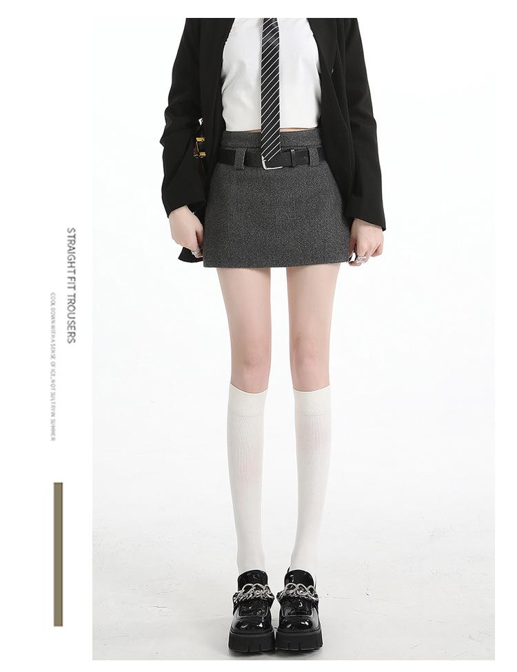 Plus Size Gray Woolen High Waist A-line Skirt for Spring/Autumn