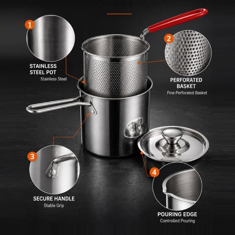 Type 304 Steel Stovetop Frying Saucepan Set with Removable Perforated Basket, Lid, and Narrow Deep Shape for Frying Modest Servings and Draining