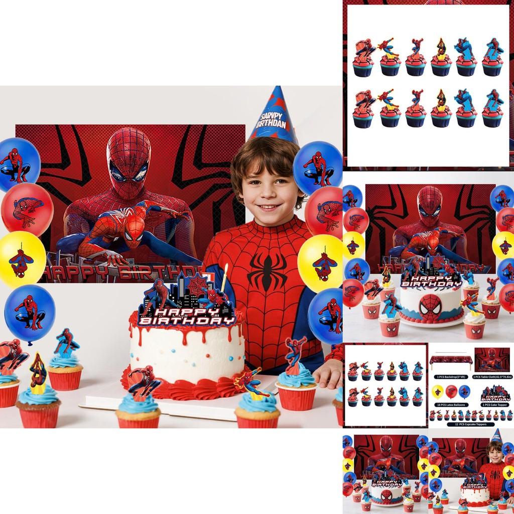 Spider Man Superhero Party Scene Set With Tablecloth Background And Latex Balloons