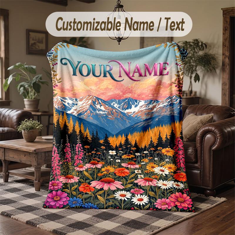 Mountain Floral Dream Theme Throw Blanket Custom Name Text Personalized Blanket Soft Cozy Blanket for Home Sofa Bed