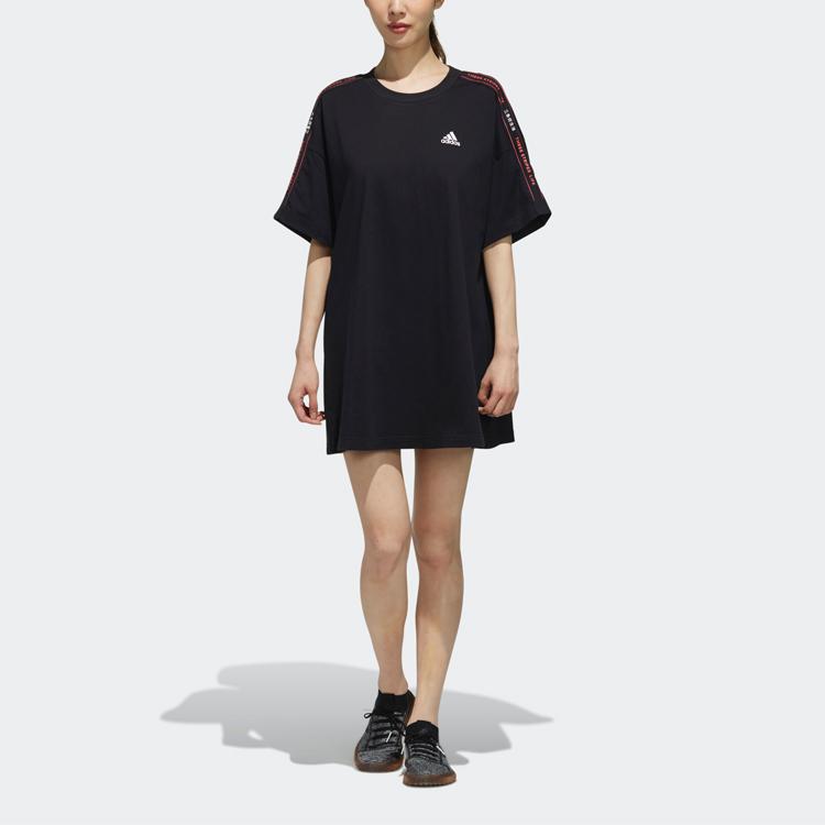 Adidas Casual Sport Short Sleeve Dress With Stripe Tape Decoration Women Dress Black FJ6884