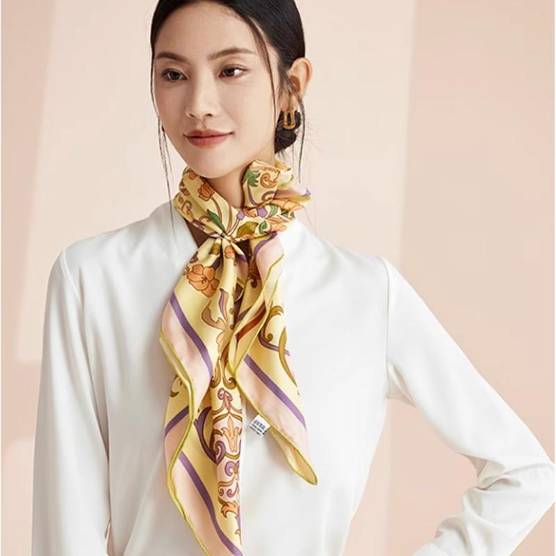 100% Mulberry Silk Square Scarf Double-sided Print Light Luxury Shawl Women Mom Fashion Accessory