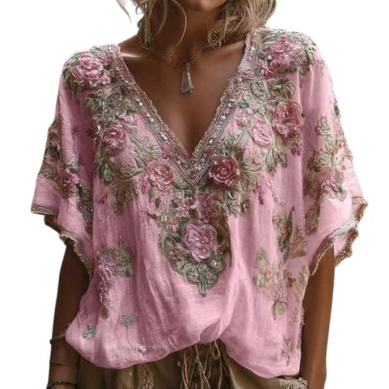Women T-shirt V-Neck Short Sleeve 3D Imitation Jacquard Flower Decor Pullover Tops Loose Fit Summer Blouse Daily Wear