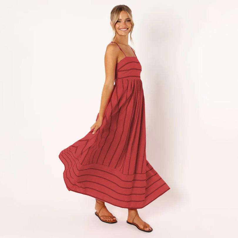 Women Spring Sleeveless Striped Slim Suspender Camisole Dress Summer Casual Ankle-Length Backless High Waist Loose Dresses S-XL