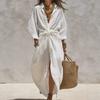2026 Women's Solid Color Shirt Collar Long Sleeve Pocket Cardigan Dress