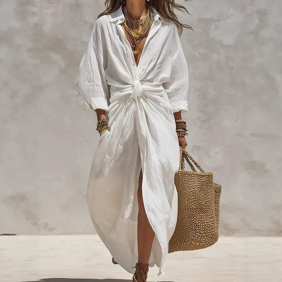 2026 Women's Solid Color Shirt Collar Long Sleeve Pocket Cardigan Dress