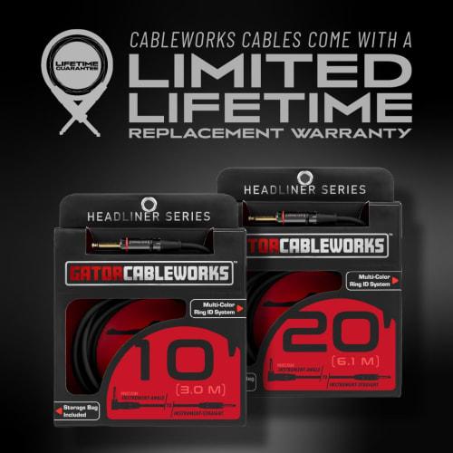 Cableworks by Gator Cases Headliner Series 10ft S/L Shielded Cable for Guitar/Bass with Mute Switch (GCWH-INS-10RAQT)