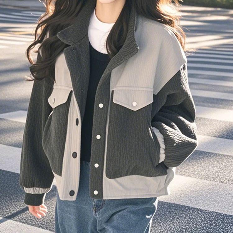Simple Loose Korean Style Spring Autumn Coat Color Block Design Casual Versatile Outerwear