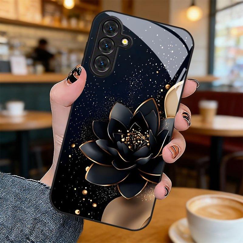 Schwarze Glas-Handyhülle mit Lotosmuster, geeignet für Samsung Galaxy S26 S25 S24 S23 S22 S20 FE Ultra Plus, stoßfeste Rückseite