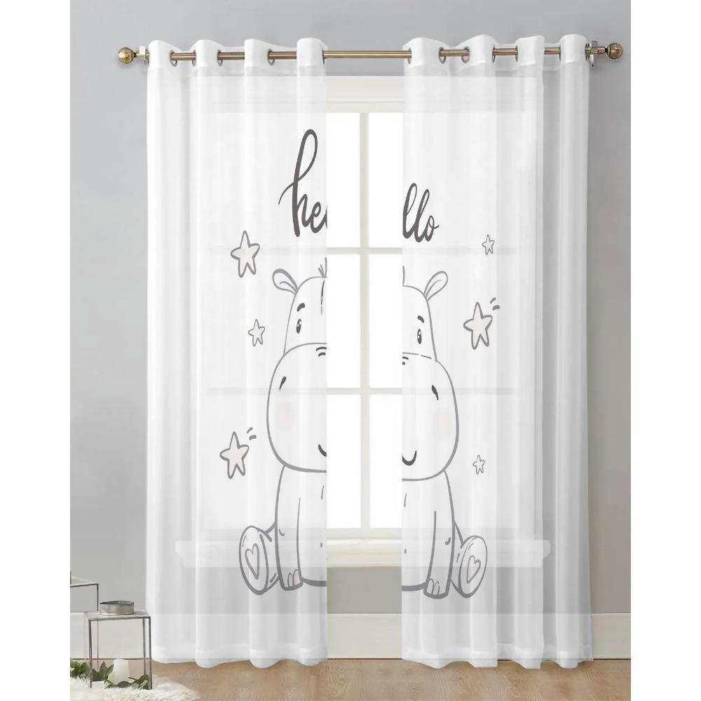 Kawaii Stars Hippo Baby Cute Animal White Netting Sheer Curtains for Living Room Bedroom Decor Window Curtain Sheer Fabric Organza Drapes