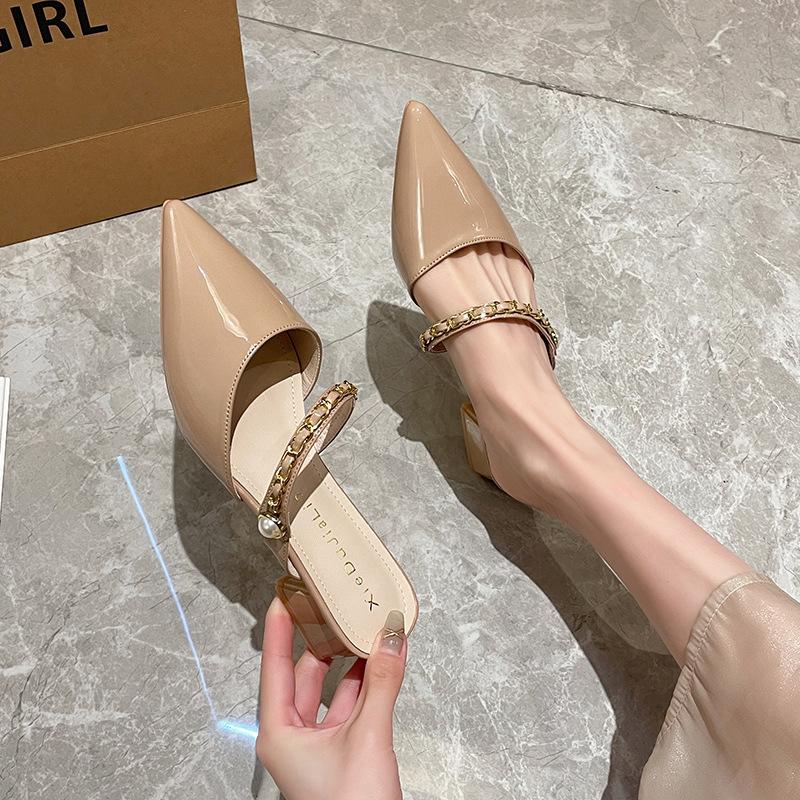 

Baotou half slippers outer wear summer new elegant sandals high heel pointed thick heel cool slippers women 39 тілесний