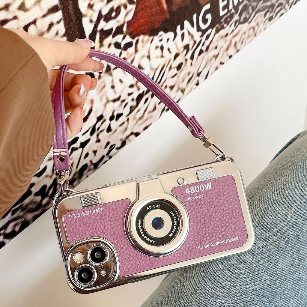 Retro electroplated camera for iPhone16Pro max mobile phone case Apple 15 new 14/13 leather pattern portable