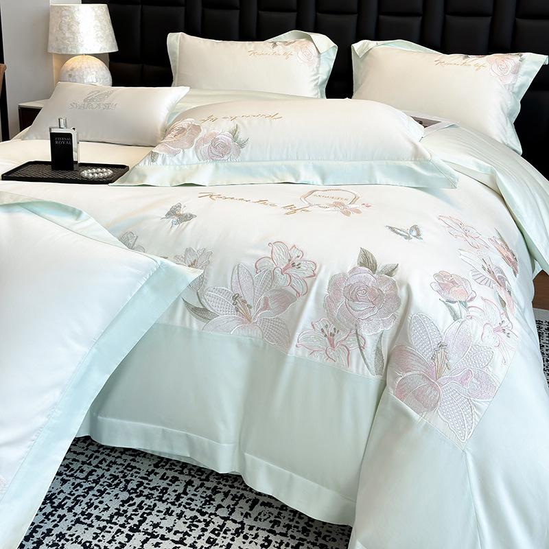 Class A Maternal And Infant Grade 240 Long-Staple Cotton4-Pcs Set Of Pure Cotton Satin Embroidered Quilt Cover, Bed Sheet Skin-Friendly Mattress