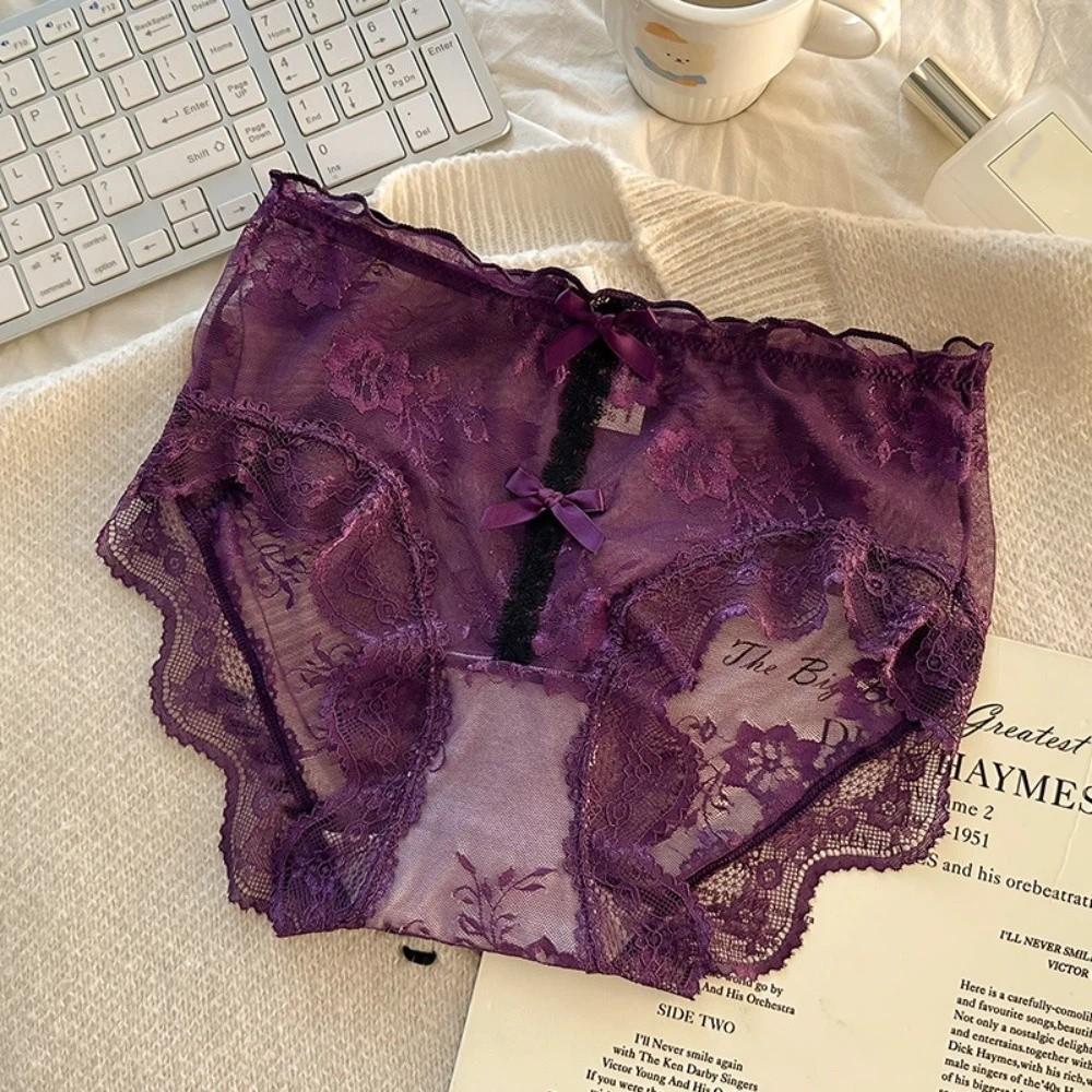 Lingerie Cotton Crotch Sweet Lace Panties Mesh Mid Waist Underwear for Women Transparent Bow Lace Flower Briefs Girl