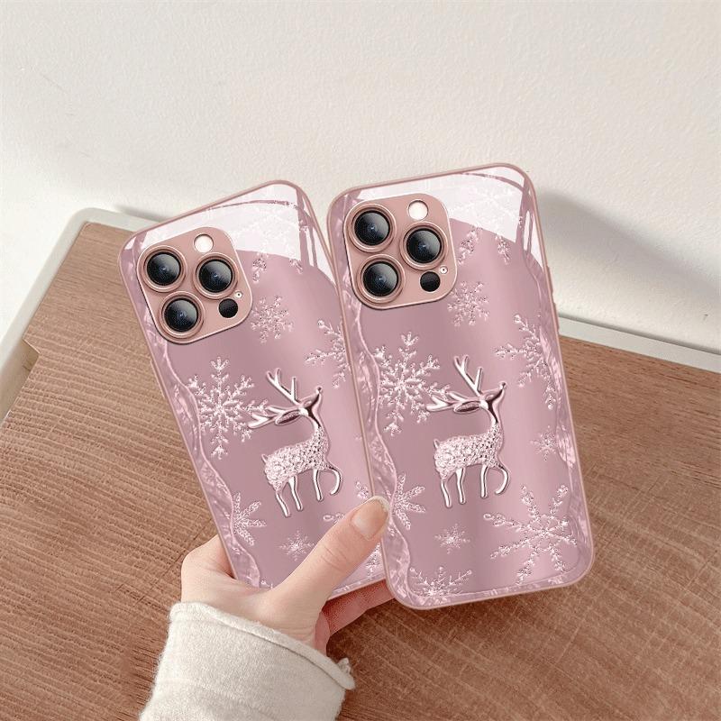 Cute Snowflake Deer Pattern Metallic Paint Glass Hard Phone Case For iPhone 17 Pro Max 11 12 13 14 15 16 Plus 17 Air 16E Cover