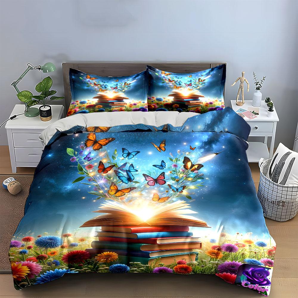 "Butterflies and Book Decor Set" Bedding Set with 1 Duvet Cover 2 Pillowcases Single Double King Queen, Gift