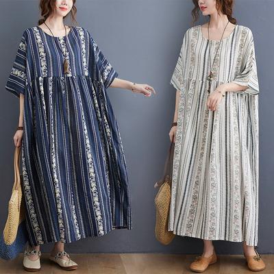 Summer New Retro Age Reduction Loose Fat Mm Short-sleeved Printed Pendulum Dress Women