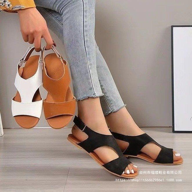 One-word Buckle Sandals Women's 2025 Spring New Large Size 43 Sandals Flat Round Head Beach Women's Sandals