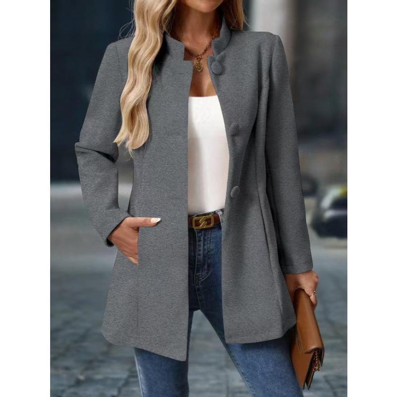 

YYFS Женская мода Повседневная однотонная принтованная куртка и пальто с длинным рукавом и воротником-стойкой на осень-зиму XXL серый