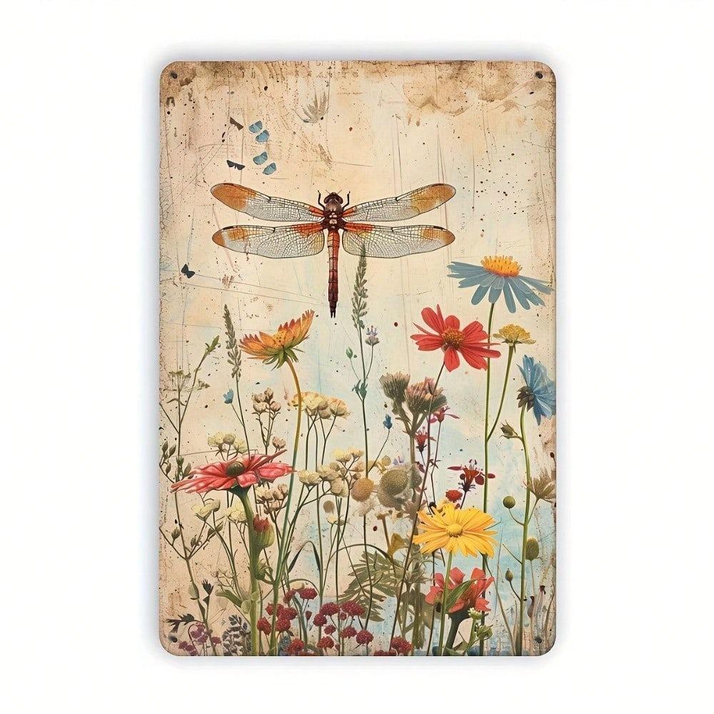 Vintage Floral Dragonfly Tin Sign Wall Decor Metal Plaque for Home Kitchen Bar Cafe