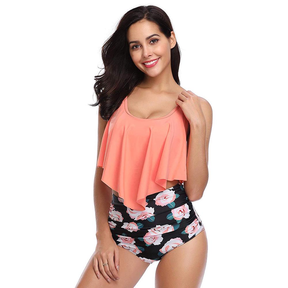 2020 European & American Ruffled High-Waisted Tummy Control Bikini Swimsuit