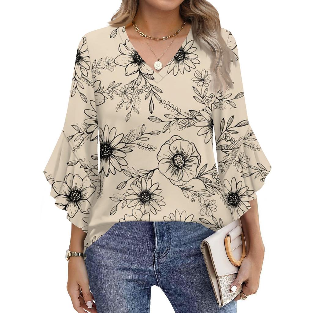 Blouses For Women Dressy Casual 3/4 Length Sleeve Womens Tops V Neck Tshirts Shirts With Flared Sleeve