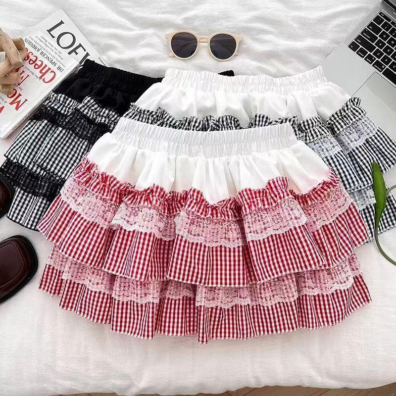 Petite Lace Patchwork Plaid Puff A-line Mini Skirt for Spring/Summer