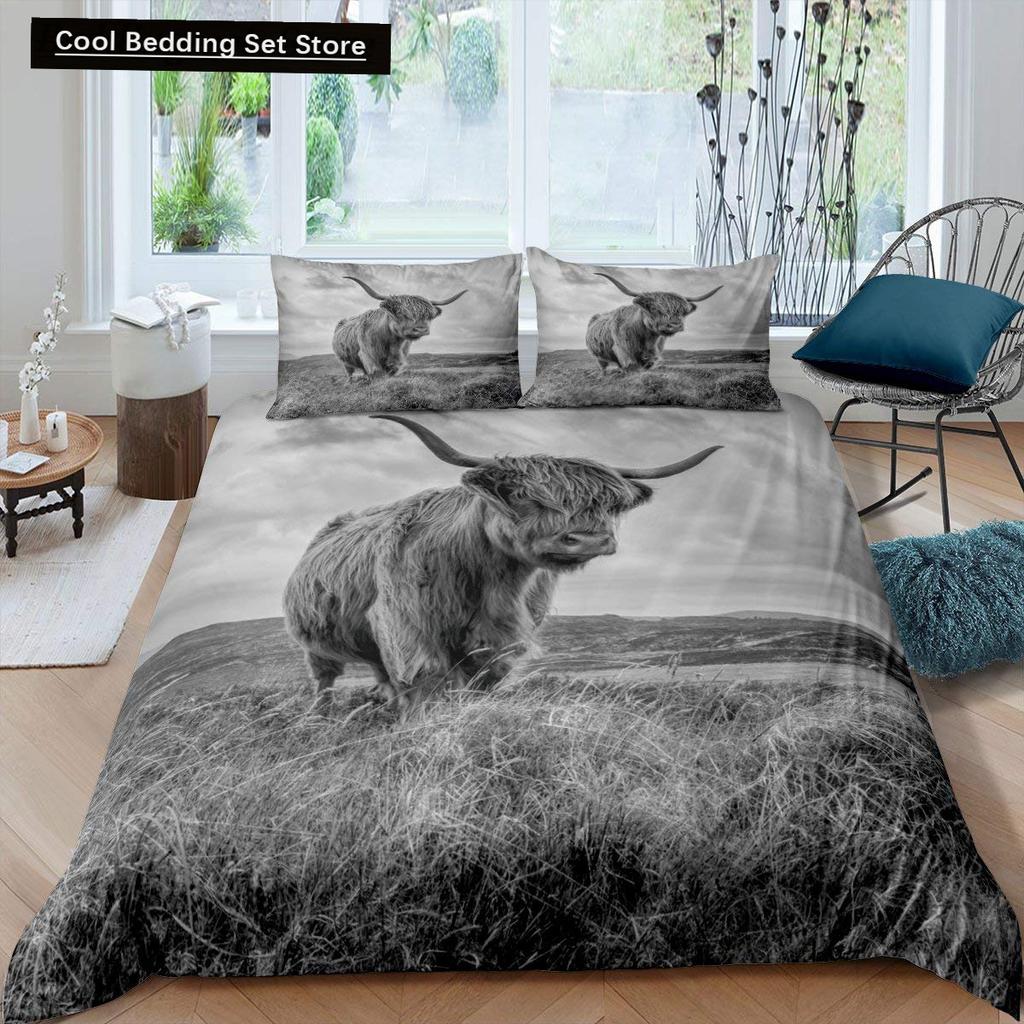 Highland Cow King Queen Duvet Cover Bull Bedding Set for Adults Cattle 2/3pcs Quilt Cover Farm Animal Polyester Comforter Cover