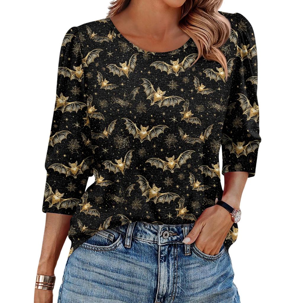 Women's Fashionable Casual Round Neck Seven Quarter Sleeve Halloween Printed Bubble Sleeve Top