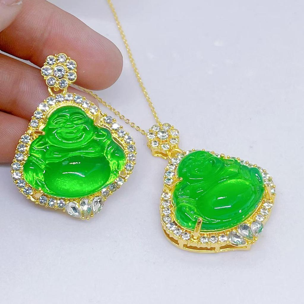 Pendant New Chinese Style Green Stone Laughing Buddha Surrounded by Zircon Men and Women Buddha Necklace