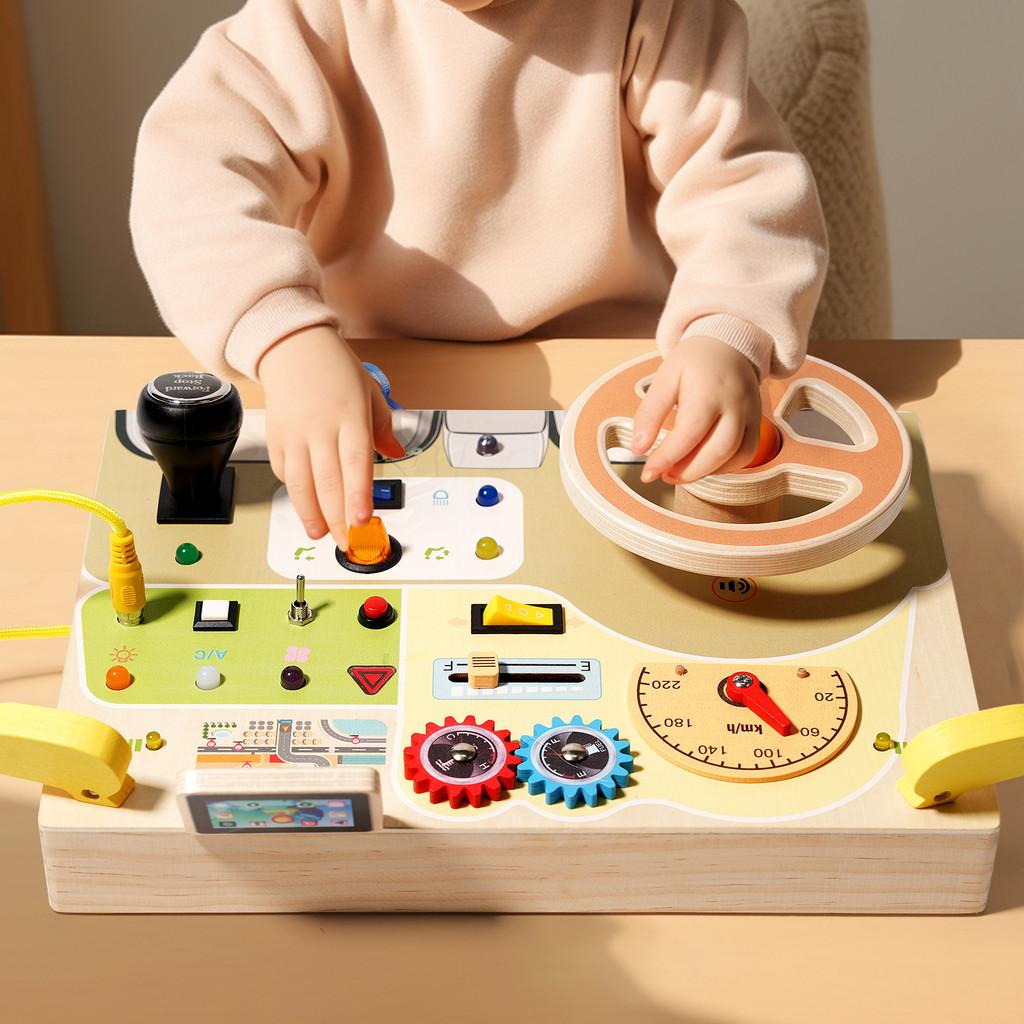 Kids Wooden Busy Board With Realistic Steering Wheel And Circuit Board For Developmental Toys