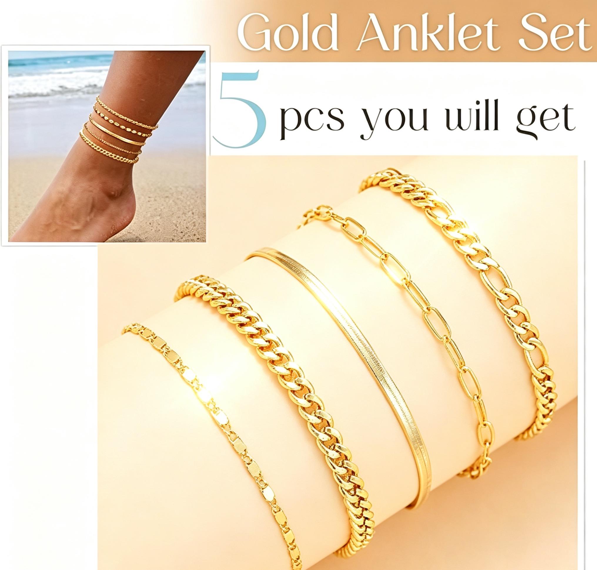 Women s Gold Ankle Bracelet, 14k Gold Plated Waterproof Cuban Chain Ankle Bracelet Set 1pcs золотистый