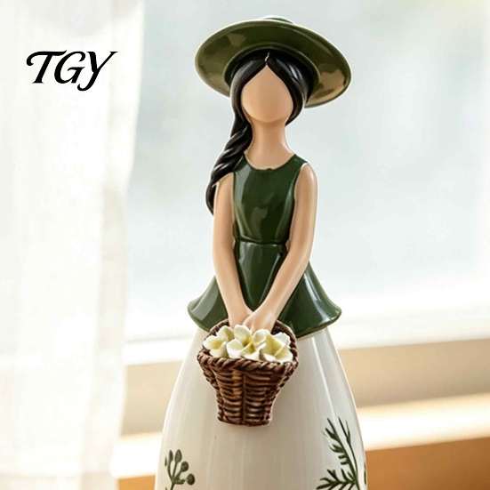 Decorative Girl with Basket Figurine Nordic Style Resin Flower Basket, Creative Desktop Ornament Dried Arrangement Holder for Home Decor, Aesthetic
