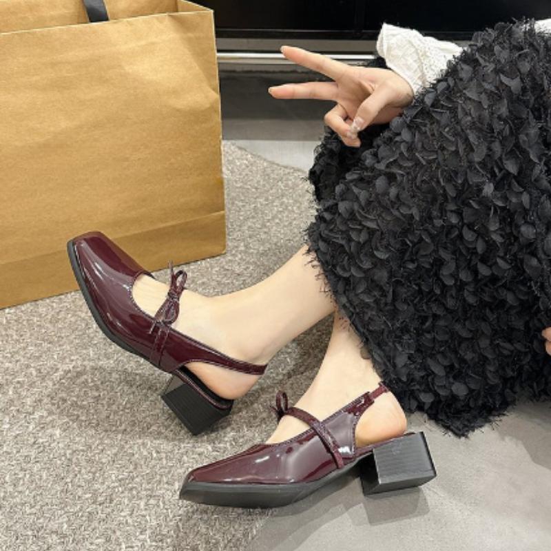 Fashion New Sandals Women Low-Heeled Shoes with Strap Low-heeled Rome Slides Fabric PU Rubber Patent Hoof Leather Sandals Women Low-